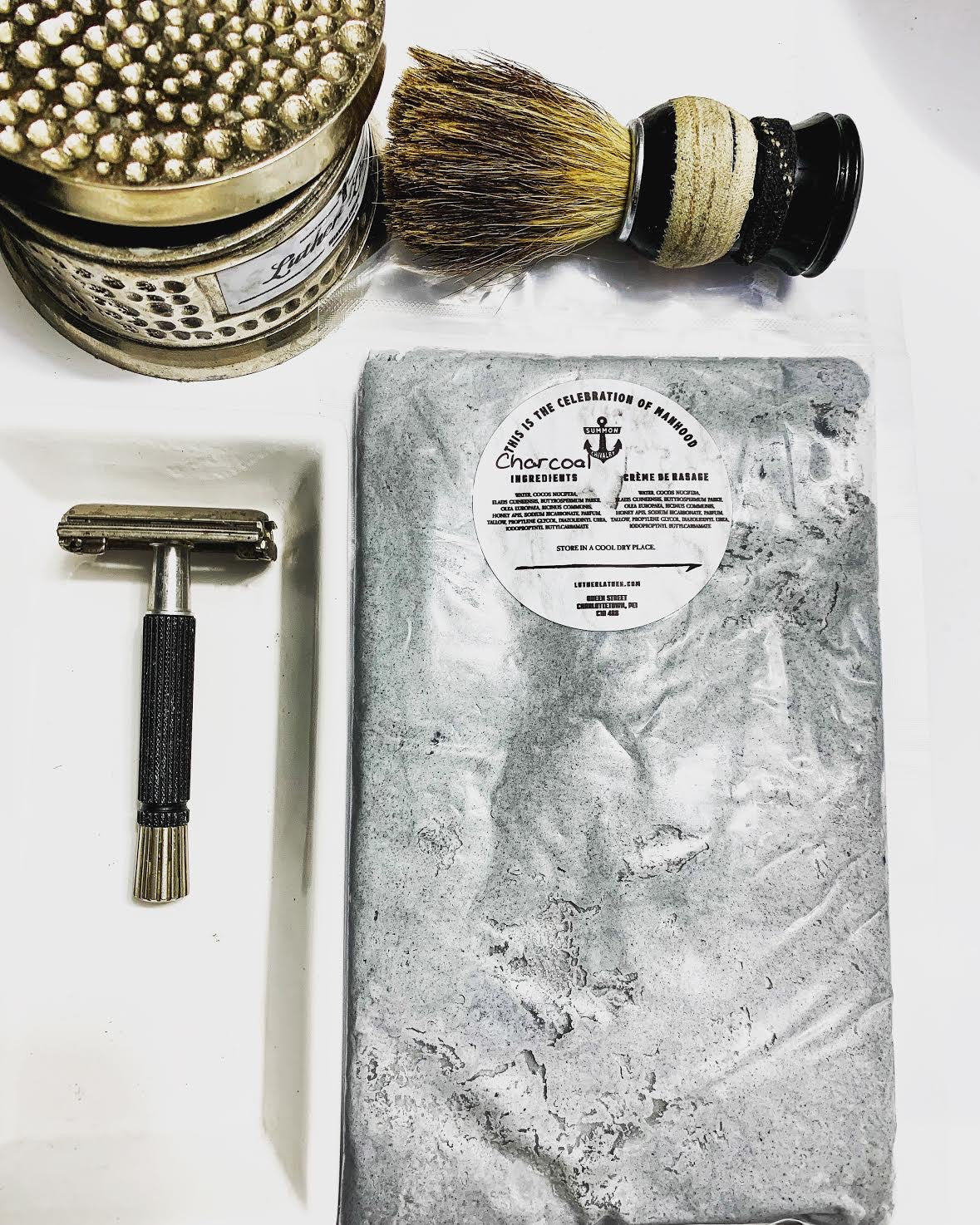 charcoal refill bladder shaving cream butter and DE safety razor and shave brush